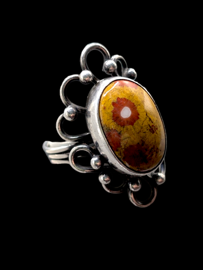 Vintage Unique Orbicular Jasper And Sterling Silver Filigree Cabochon 925