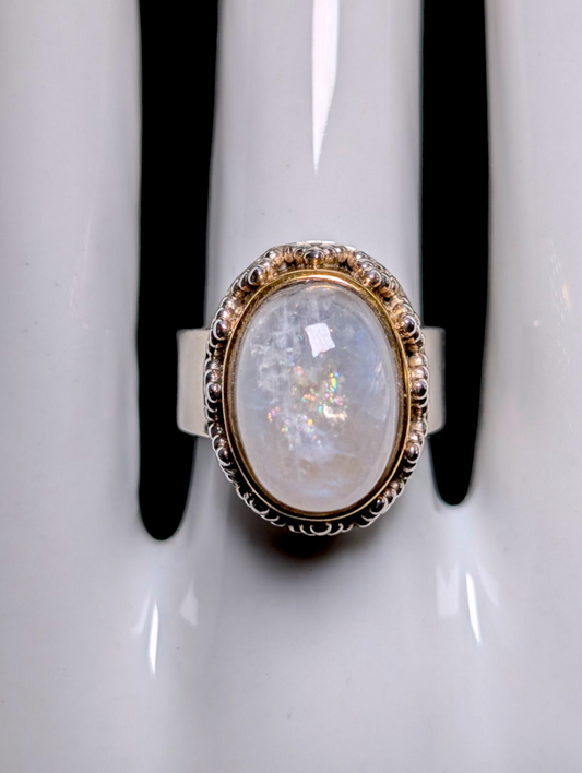 Vintage Cabochon Cut Genuine Moonstone 18k Yellow Gold Vermeil and Sterling Silver Ring