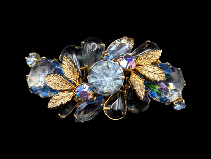 1940 - 1960s Juliana Frosted Blue Gray Flower Brooch with Aurora Borialis Rhinestones Pin