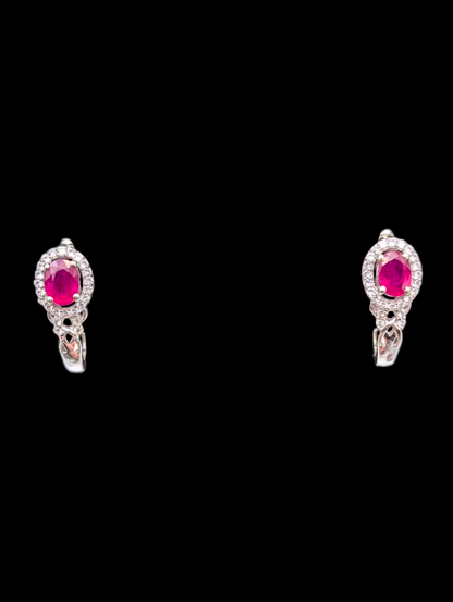 Vintage 5+ Carats Earth Mined Genuine Ruby and Diamond Halo Necklace, Ring and Earrings Sterling Silver 3 Piece Set