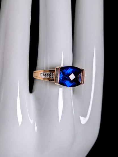 Vintage East West Checkerboard Cut Genuine Royal Blue Sapphire and Diamond Accented 18k Yellow Gold Vermeil Ring