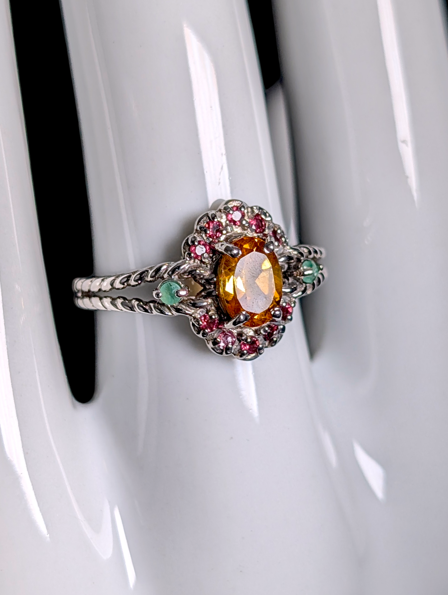 Vintage Oval Cut Genuine Citrine Solitaire with Pink Tourmaline Halo and Emerald Accents Sterling Silver Ring