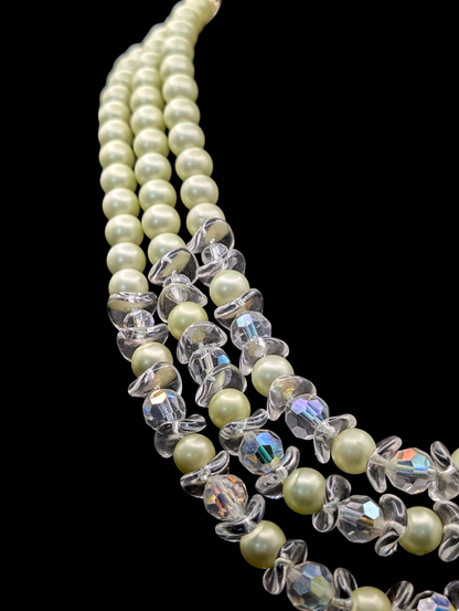 1950s Seafoam Green Freshwater Faux Pearl 3 Strand Necklace with Aurora Borealis Crystal Beads