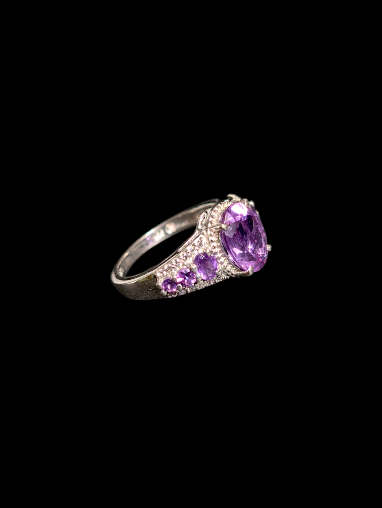 Vintage Graduating Genuine Grape Amethyst with White Zircon Halo Sterling Silver Statement Ring