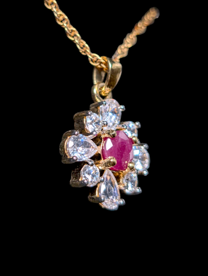 Vintage Earth Mined Genuine Ruby and Simulated Diamond Pendant and Gold Tone Chain Necklace