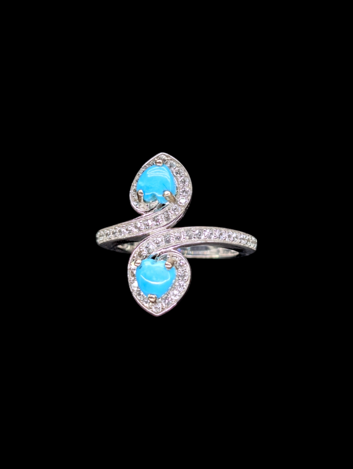 Vintage Double Heart Sleeping Beauty Genuine Turquoise and White Topaz Accent Sterling Silver Ring