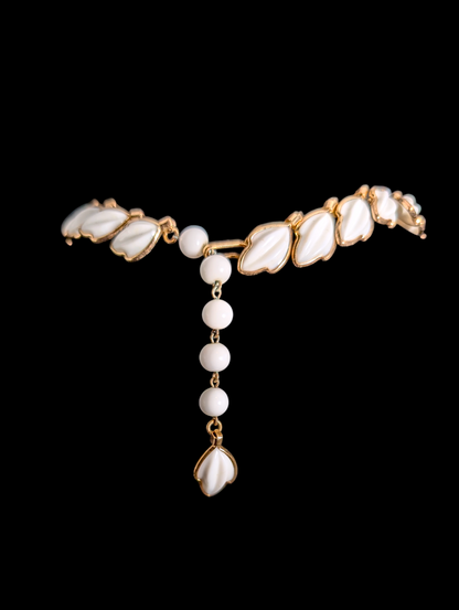 1950s - 1960s Crown Trifari Alfred Phillippe Dogwood White Leaf Choker Necklace and Matching Earrings Statement Set