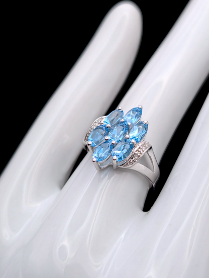 Vintage 2+ Carat Cluster Style Genuine Swiss Blue Topaz and White Diamond Accented Sterling Silver Ring
