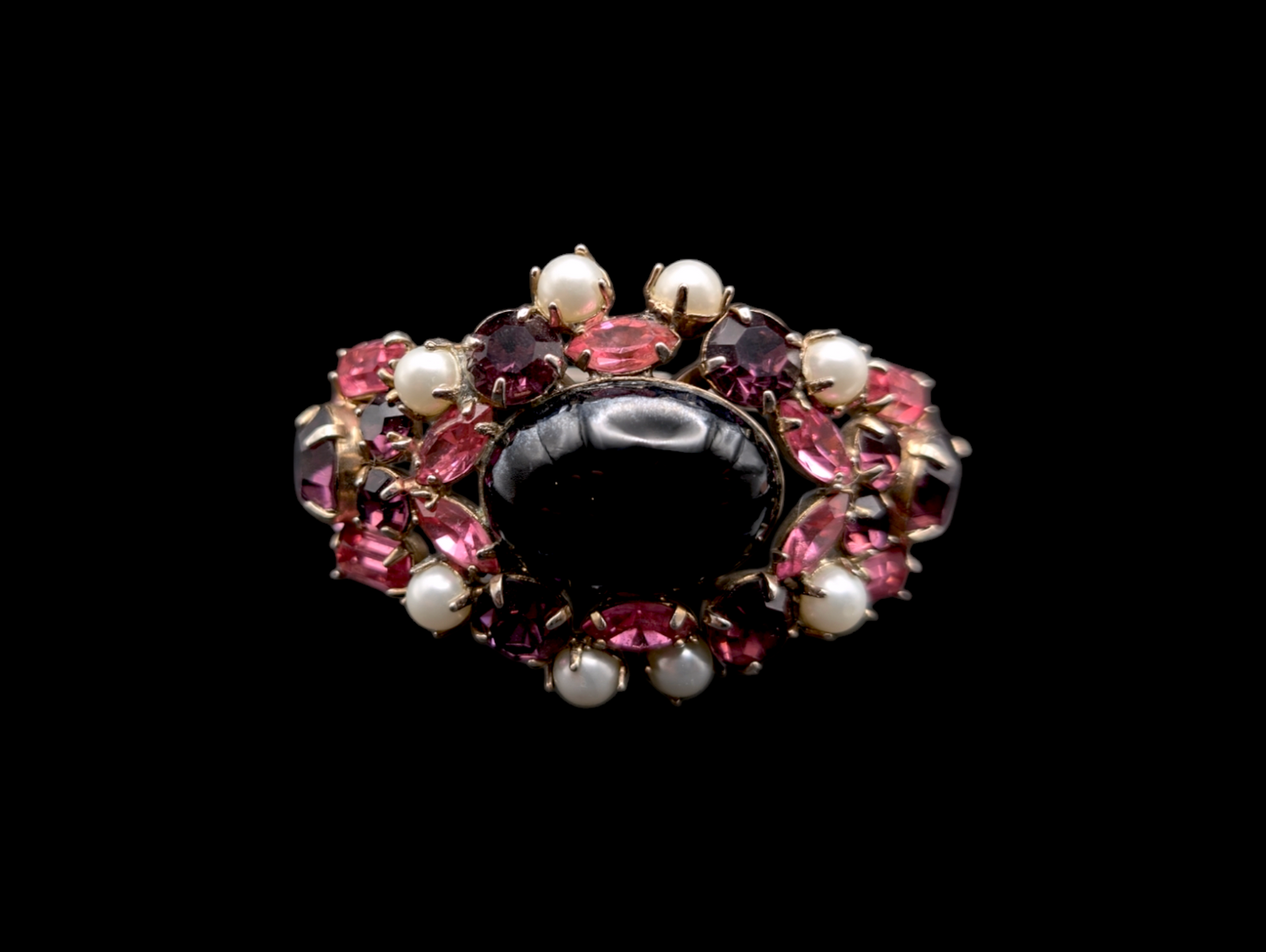 1950s - 1960s Simulated Pink Sapphire, Amethyst, Pearl and Onyx Czech Glass Rhinestone Cluster Hinge Bracelet