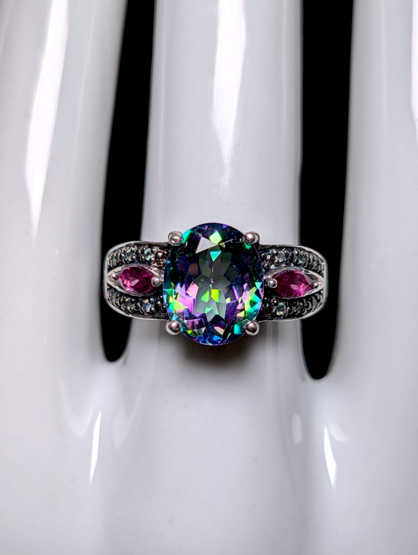 Vintage Inspired Oval Cut Genuine Nigerian Mystic Topaz with Rhodolite Garnet and Tsavorite Garnet Accent Stones Sterling Silver Ring
