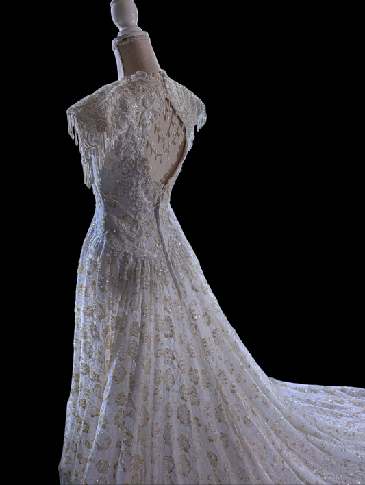 1980s-1990s Alfred Angelo Mystical Aurora Borealis Sequin and Pearl Beaded Sleeveless Vintage Wedding Dress with Cathedral Train