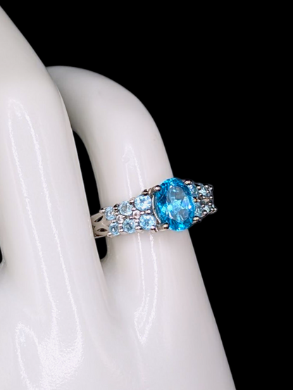 Vintage Inspired Oval Cut Simulated Blue Topaz Silver Toned Ring