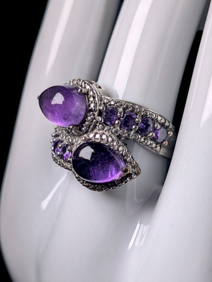 Vintage Twin Cabochon Cut Genuine Amethyst Wrap Silver Tone Ring