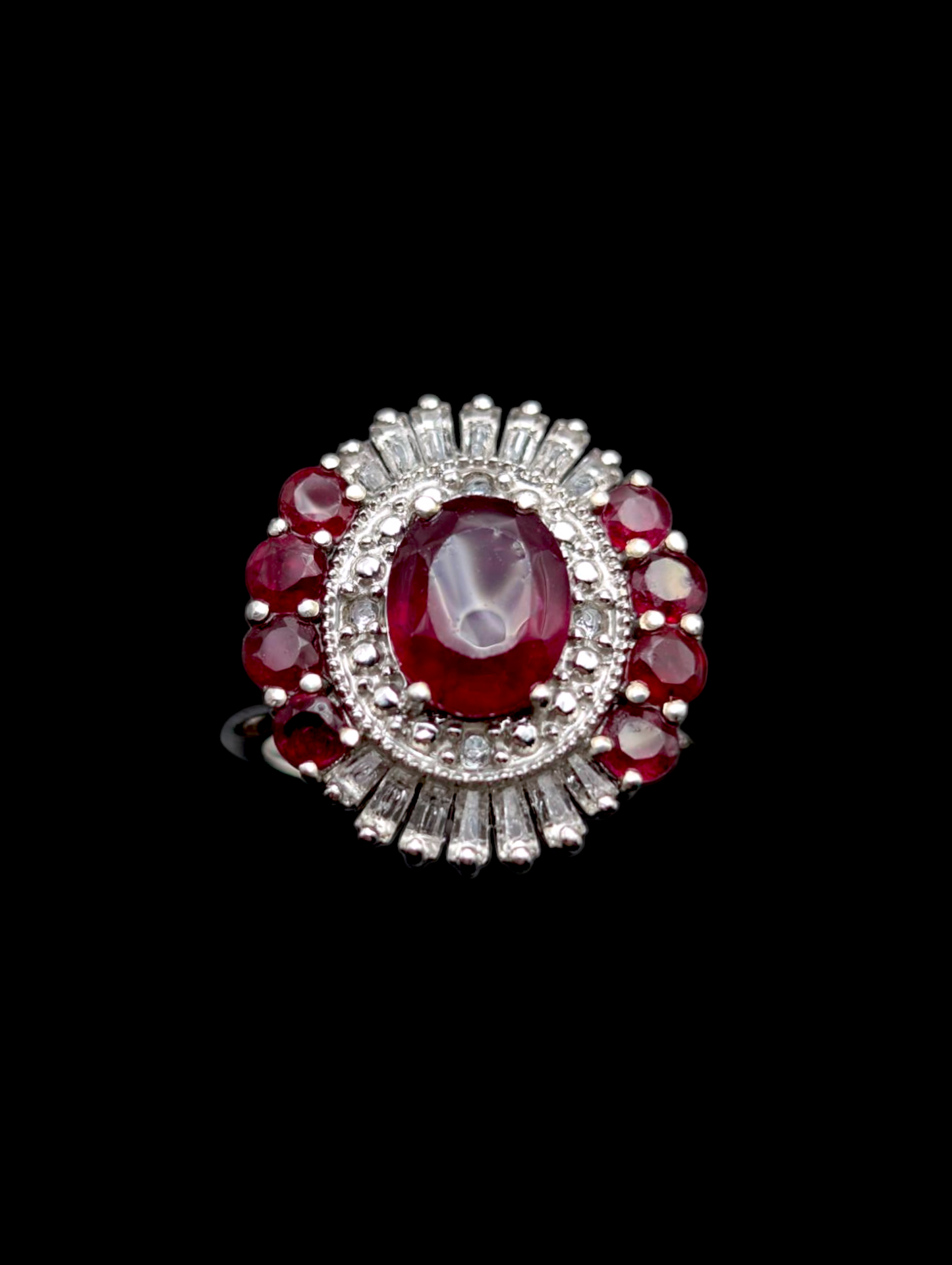 Vintage Art Deco Inspired Earth Mined Genuine Ruby and White Topaz Halo Rhodium over Sterling Silver Ring