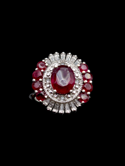 Vintage Art Deco Inspired Earth Mined Genuine Ruby and White Topaz Halo Rhodium over Sterling Silver Ring