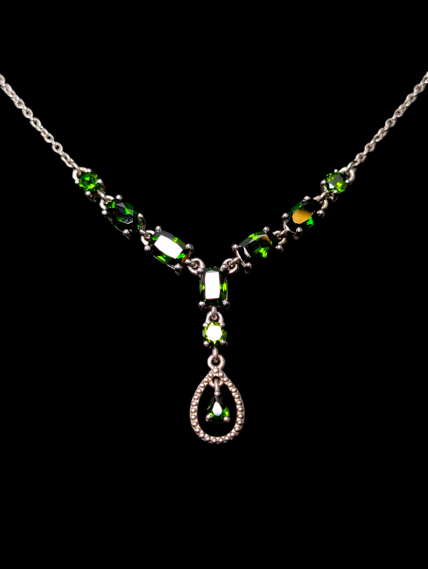 Vintage Genuine Green Chrome Diopside Elegant Dangle Sterling Silver Necklace