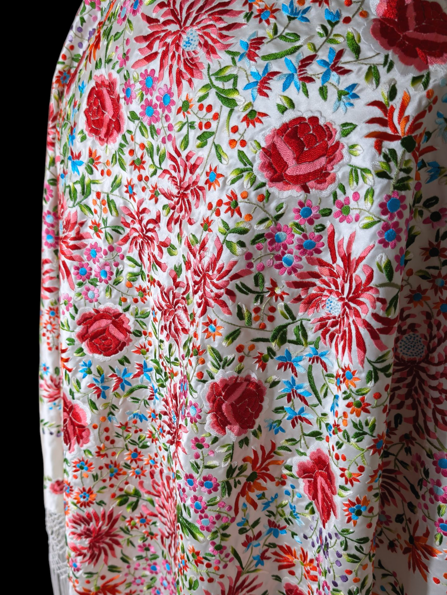 Antique Rare Manton De Manila Embroidered Florals Silk Flamenco Piano Shawl in White with Hand Knotted Macrame Fringe