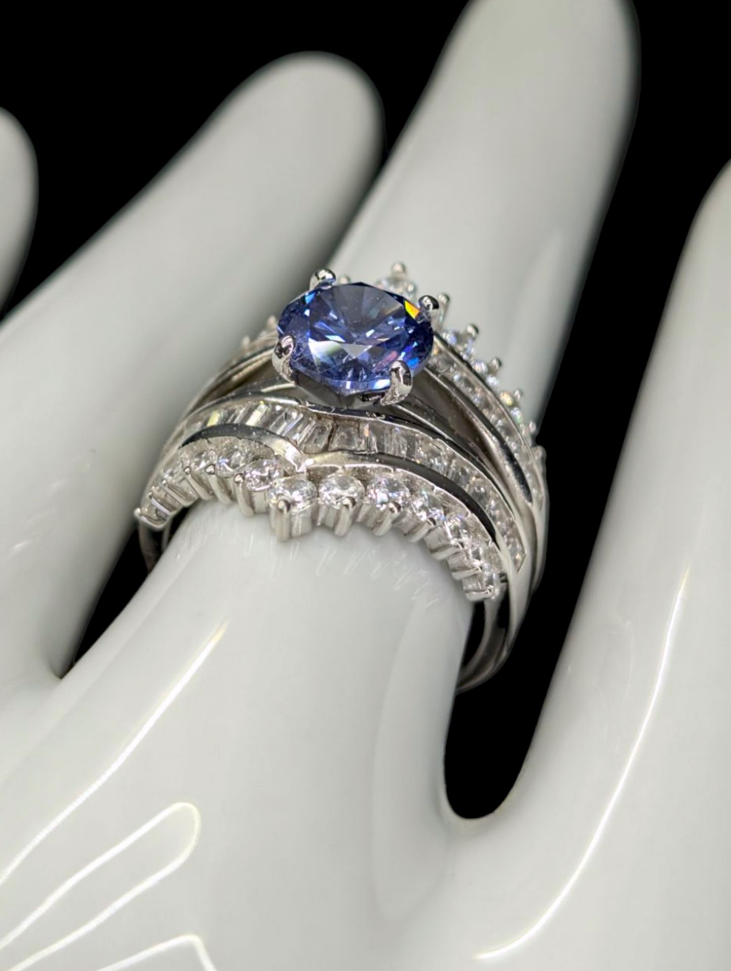 Vintage Inspired Simulated Tanzanite and Diamond 3 Piece Sterling Silver Ring Set