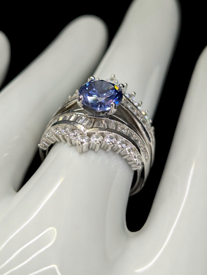 Vintage Inspired Simulated Tanzanite and Diamond 3 Piece Sterling Silver Ring Set