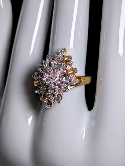 Vintage Round Cut Simulated Diamond Cluster Waterfall 18K Yellow Gold Vermeil Cocktail Statement Ring