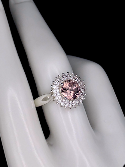 Vintage Inspired Round Brilliant Cut Simulated Pink Sapphire Solitaire with Simulated Diamond Double Sunburst Halo Silver Toned Ring