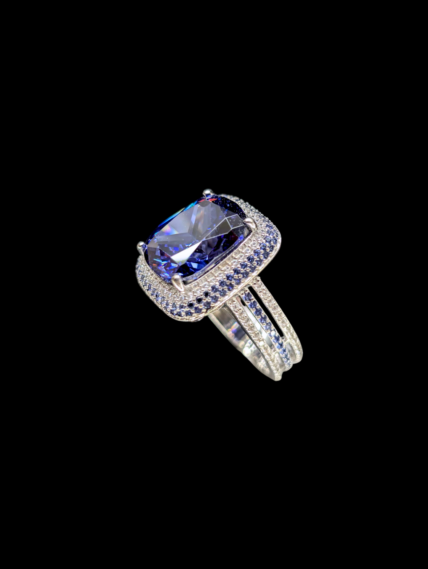 Vintage Large 6.8 Carat Triple Halo Genuine Tanzanite Solitaire and Simulated Diamonds Rhodium over Sterling Silver Split Shank Ring