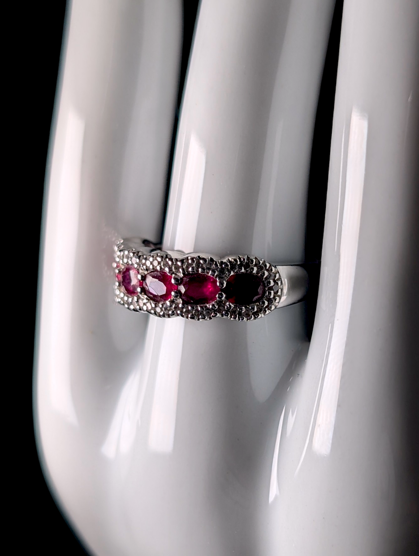 Vintage Oval Cut 6 Stone Genuine Red Ruby and White Zircon Accented Halo Sterling Silver Anniversary Band Ring