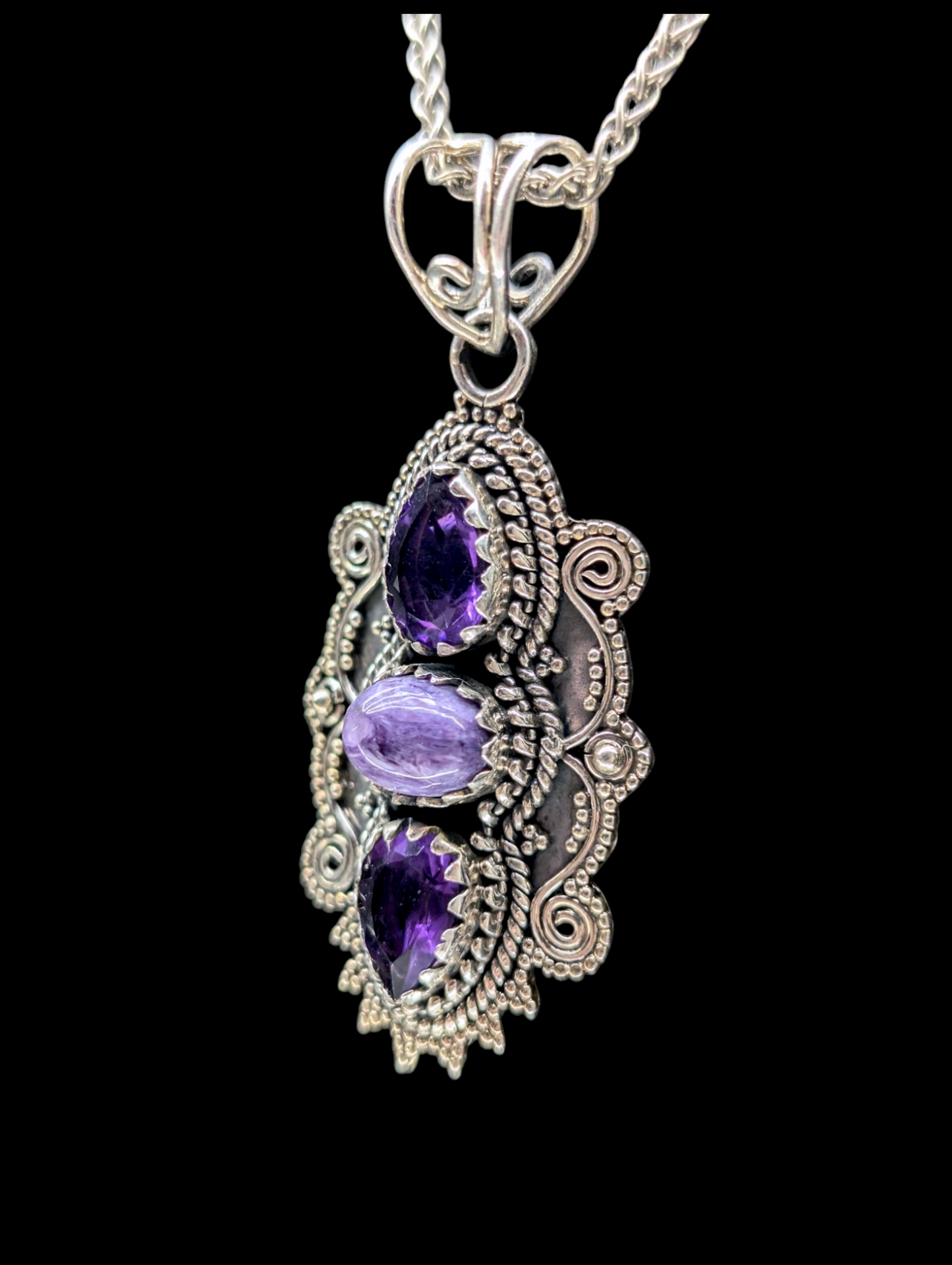 Vintage Genuine Amethyst and Charoite Sterling Silver Artisan Pendant