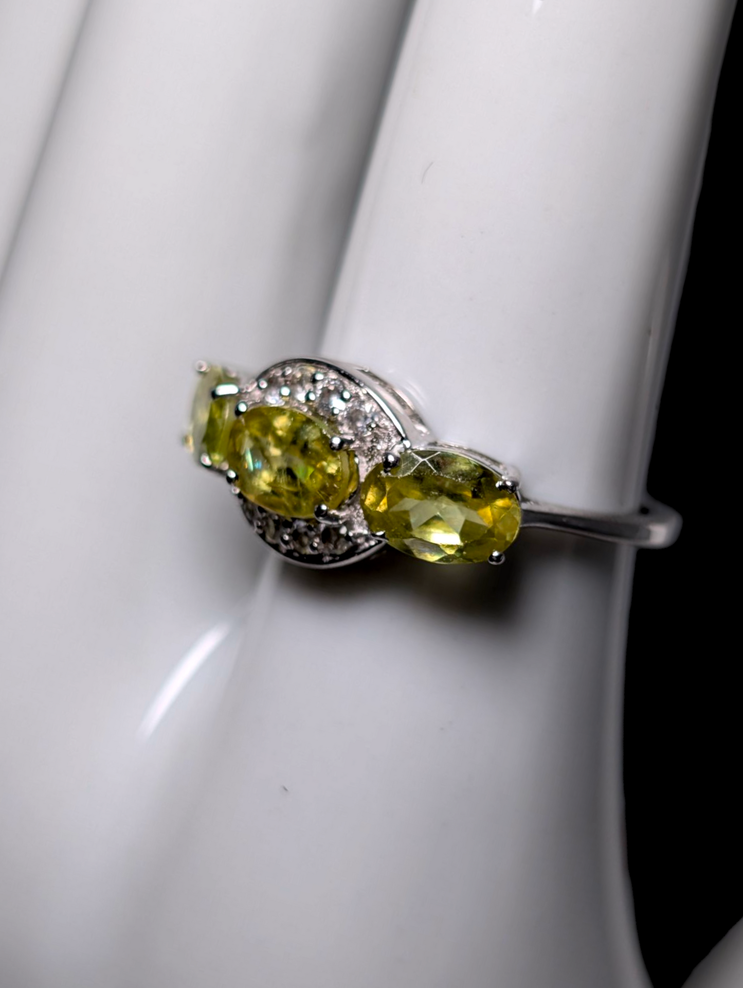 Vintage Three Stone Genuine Peridot with White Topaz Halo Sterling Silver Ring