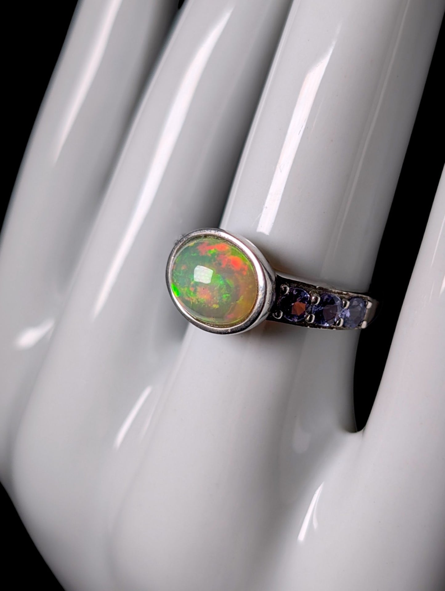 Vintage Genuine Opal Solitaire with Tanzanite Halo Sterling Ring