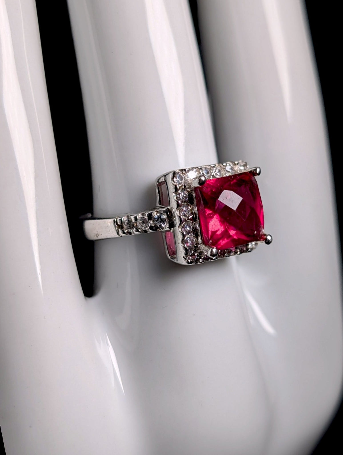 Vintage Inspired Princess Cut Simulated Ruby Solitaire and Diamond Halo Sterling Silver Ring