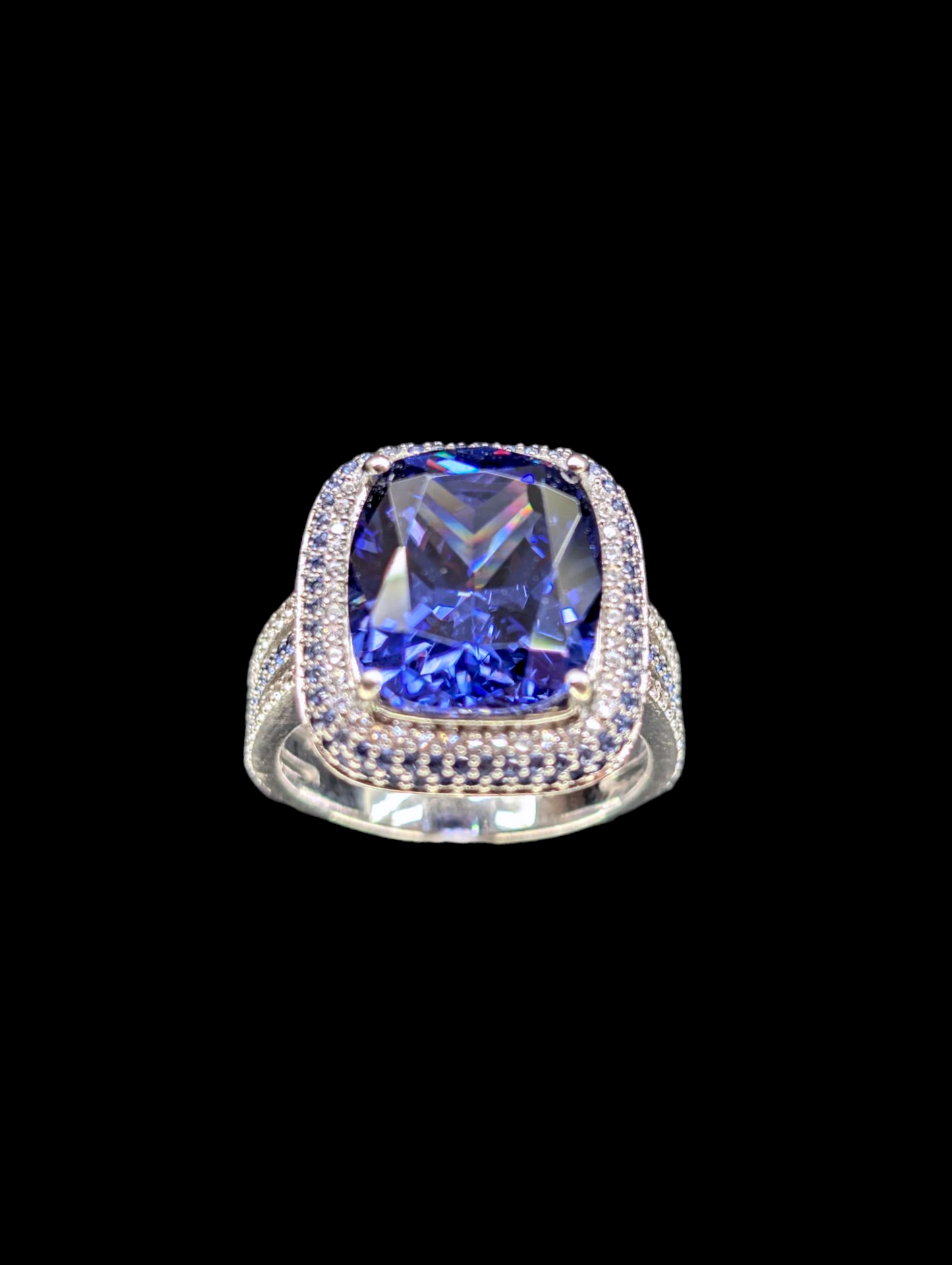 Vintage Large 6.8 Carat Triple Halo Genuine Tanzanite Solitaire and Simulated Diamonds Rhodium over Sterling Silver Split Shank Ring