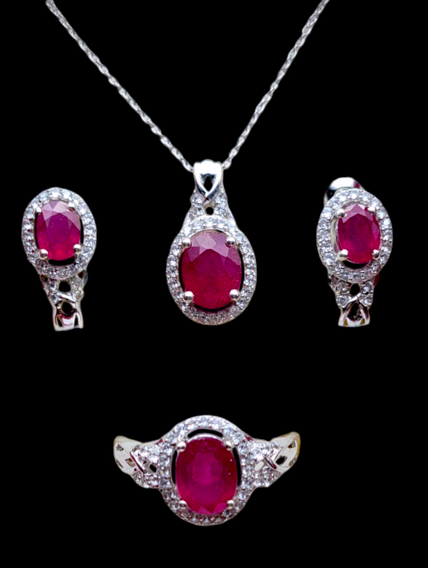 Vintage 5+ Carats Earth Mined Genuine Ruby and Diamond Halo Necklace, Ring and Earrings Sterling Silver 3 Piece Set