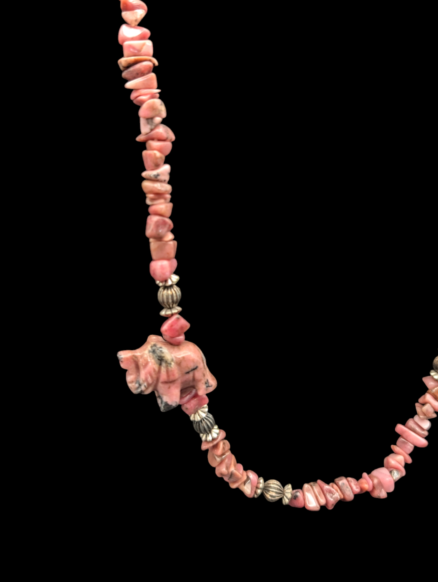 Vintage Carved Elephant Rhodonite Chip Necklace with Silver Beads