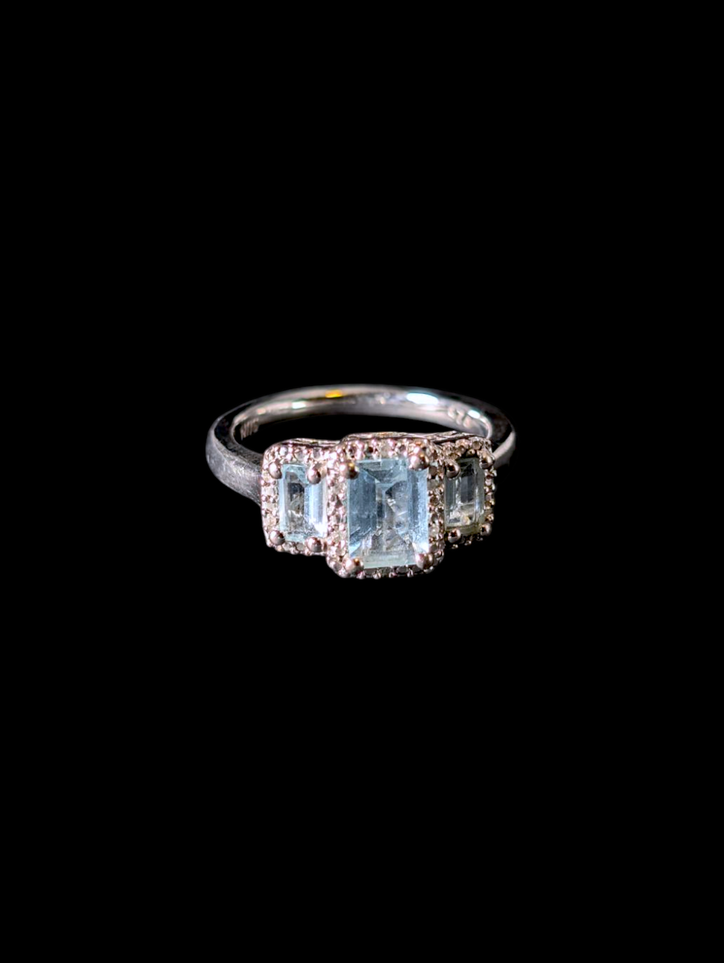Vintage Emerald Cut Three Stone Genuine Aquamarine and Diamond Accented Halo Sterling Silver Ring