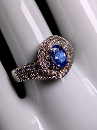 Vintage Oval Cut Solitaire Genuine Tanzanite Sterling Silver Crossover Ring