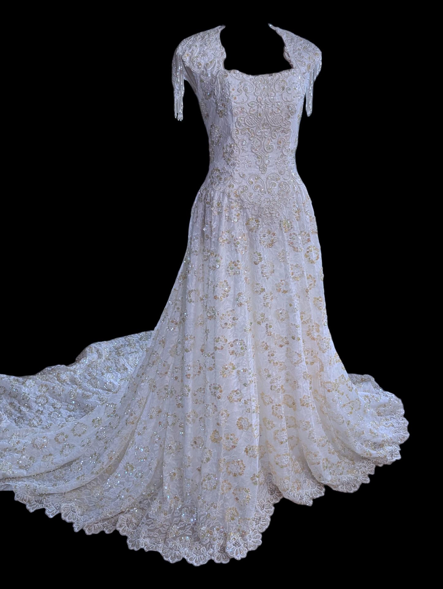 1980s-1990s Alfred Angelo Mystical Aurora Borealis Sequin and Pearl Beaded Sleeveless Vintage Wedding Dress with Cathedral Train