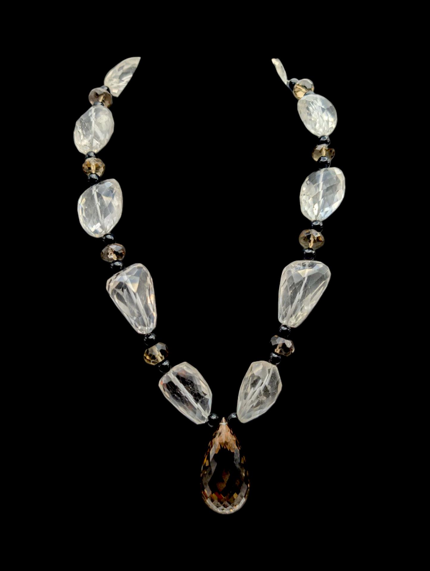 Vintage Briolette Cut Genuine Smoky Quartz, Crystal Quartz and Black Onyx Bead Sterling Silver Statement Necklace