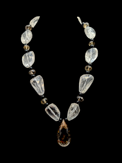 Vintage Briolette Cut Genuine Smoky Quartz, Crystal Quartz and Black Onyx Bead Sterling Silver Statement Necklace