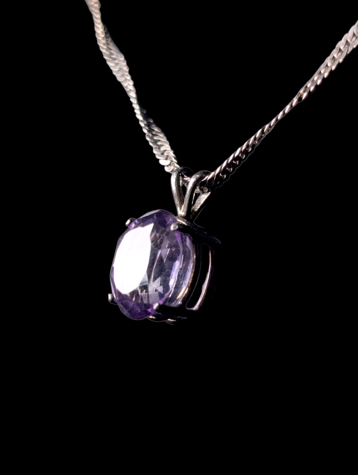 Vintage Oval Cut Genuine Amethyst Pendant and Oxidized Sterling Silver Twist Chain Necklace