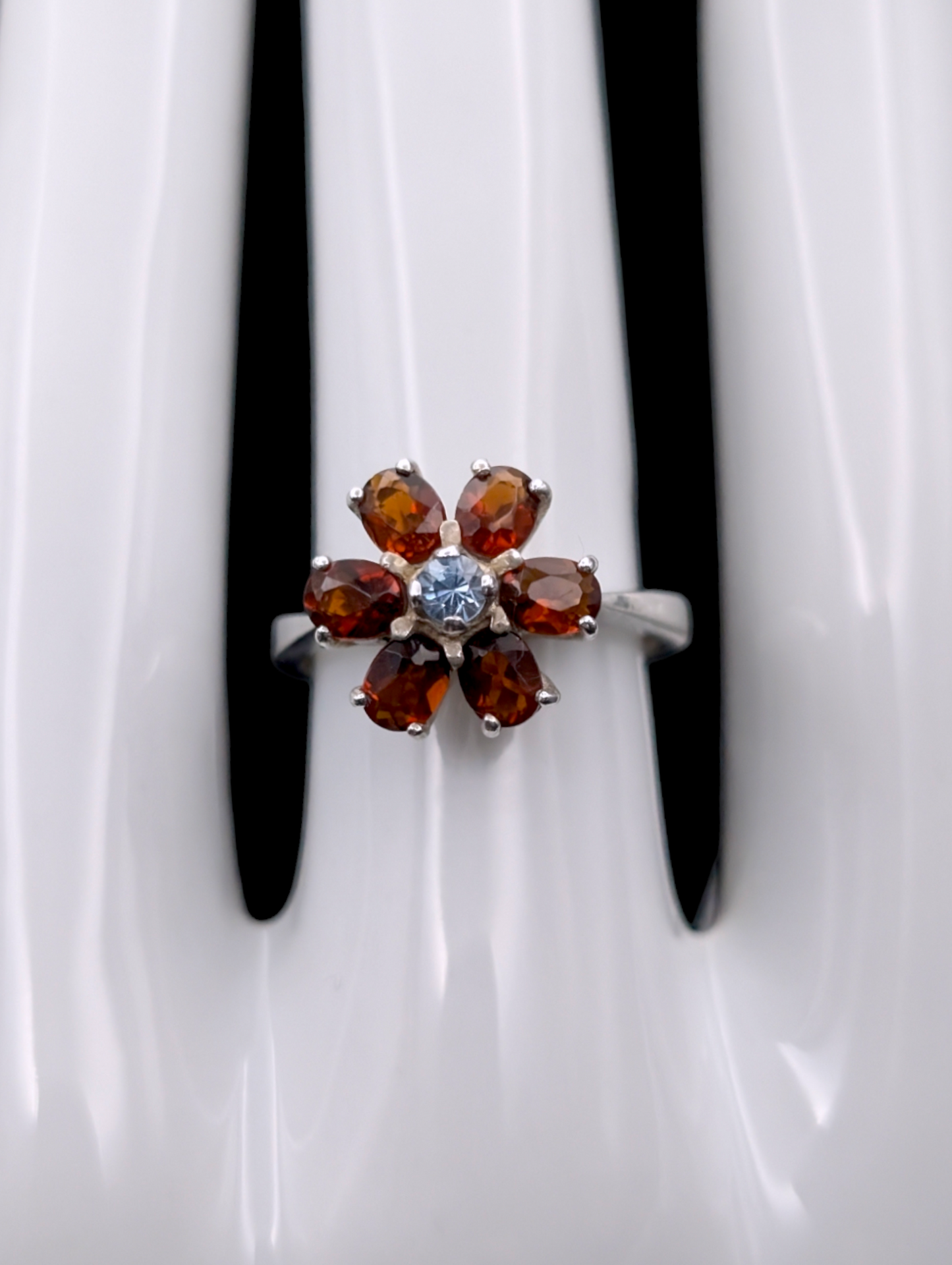 Vintage Flower Genuine Hessonite Garnet with Aqua Center Sterling Silver Ring