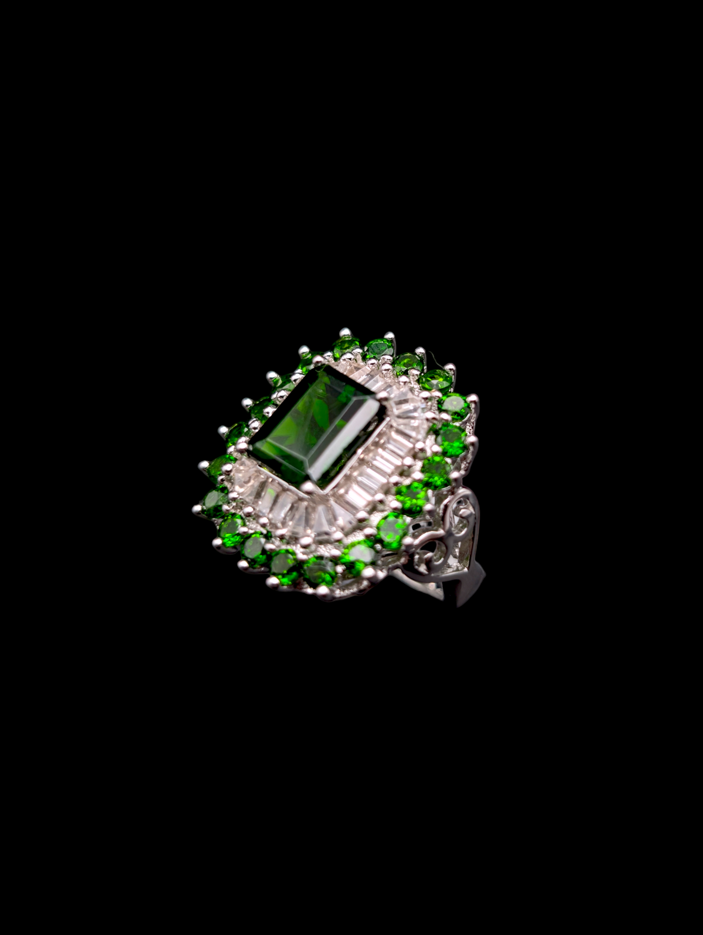 Vintage Art Deco Inspired Emerald Cut Genuine Chrome Diopside, Peridot and White Topaz Baguette Staggered Starburst Halo Sterling Silver Ring