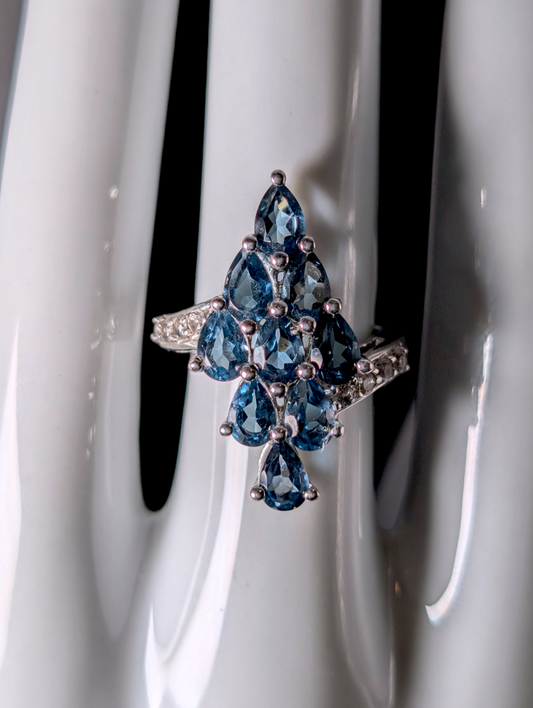 Vintage 4.5 Carat Waterfall Cluster Pear Cut Genuine London Blue Topaz and White Topaz Sterling Silver Ring