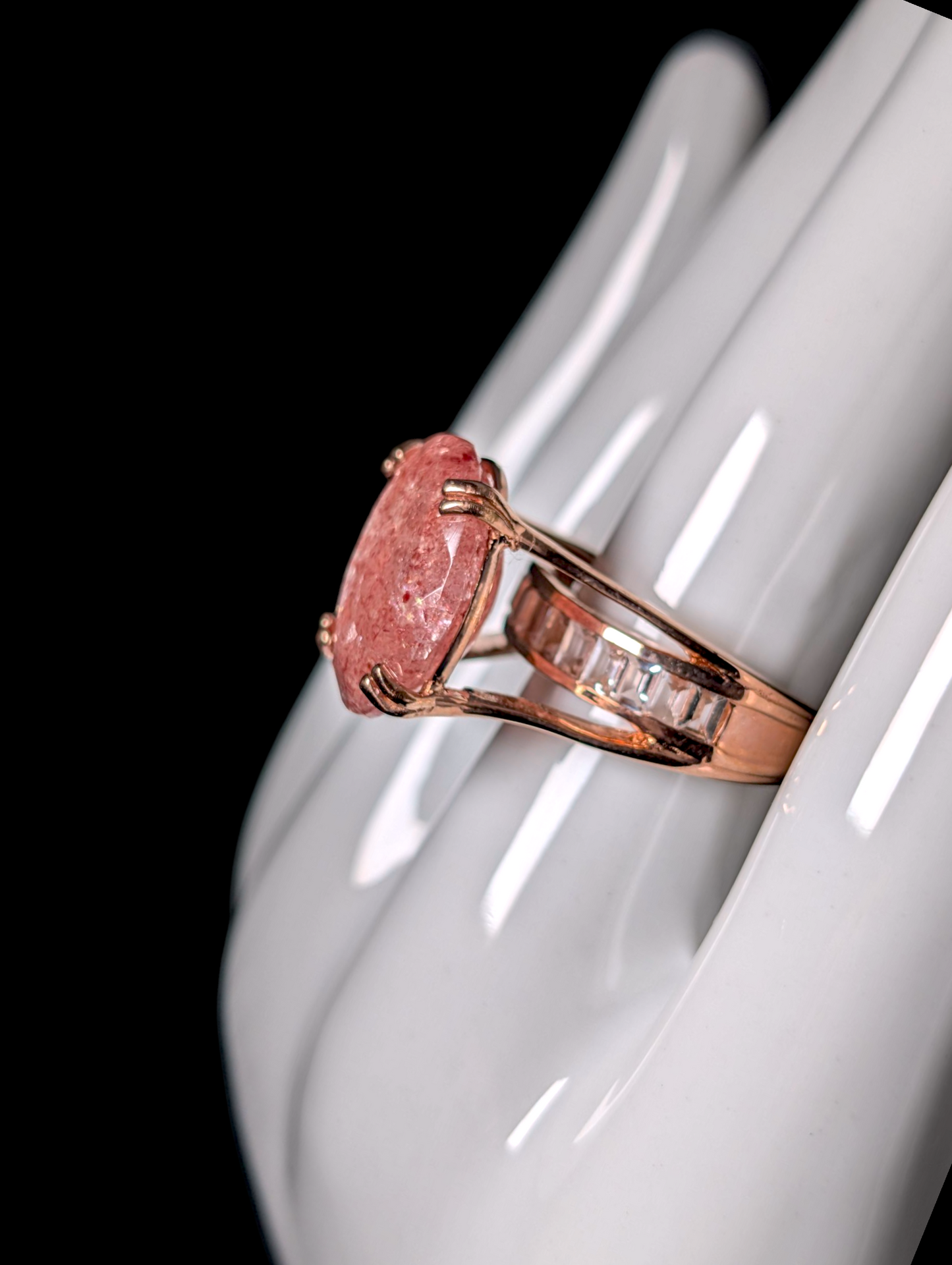 Vintage Floating Genuine Strawberry Quartz and White Topaz Hidden Band 18k Rose Gold Vermeil Ring