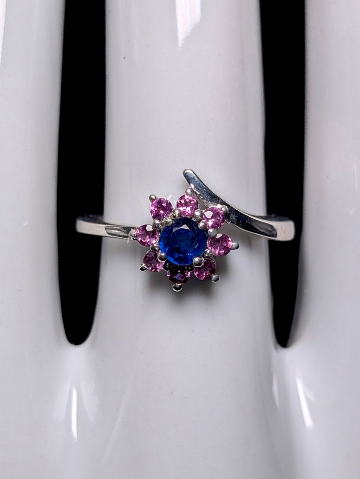 Vintage Dainty Flower Genuine Blue Sapphire and Simulated Pink Sapphire Halo Sterling Silver Stackable Ring