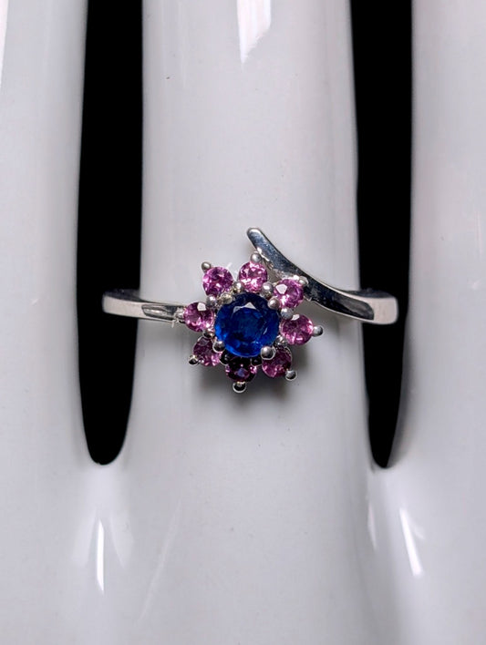 Vintage Dainty Flower Genuine Blue Sapphire and Simulated Pink Sapphire Halo Sterling Silver Stackable Ring