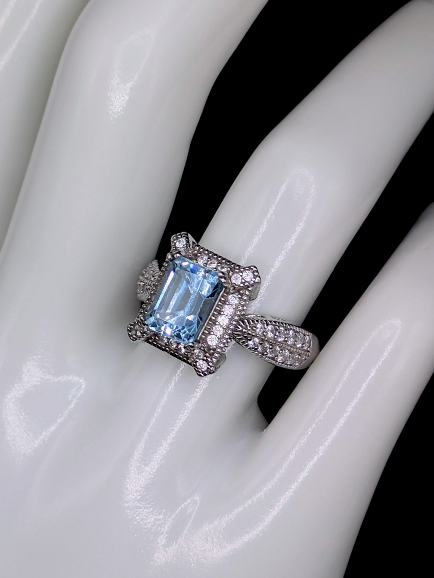 Vintage Emerald Cut Simulated Blue Topaz Solitaire Statement Sterling Silver Ring