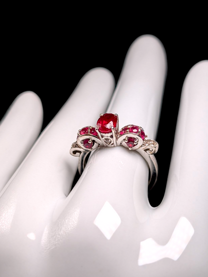Vintage Royal Inspired Oval Cut Solitaire Genuine Ruby with Ruby Accent Stones and Diamond Accented Mount in Sterling Silver Ring