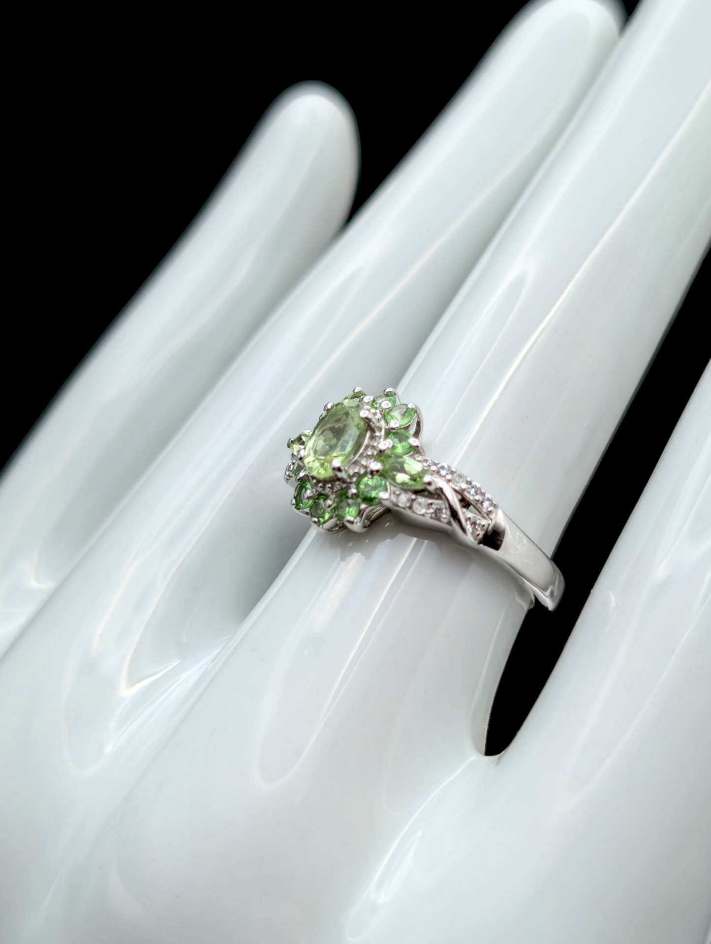Vintage Genuine Tsavorite Garnet and White Zircon Elegant Sterling Silver Ring