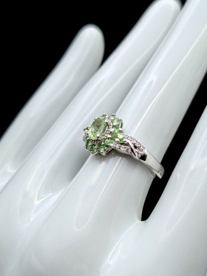 Vintage Genuine Tsavorite Garnet and White Zircon Elegant Sterling Silver Ring